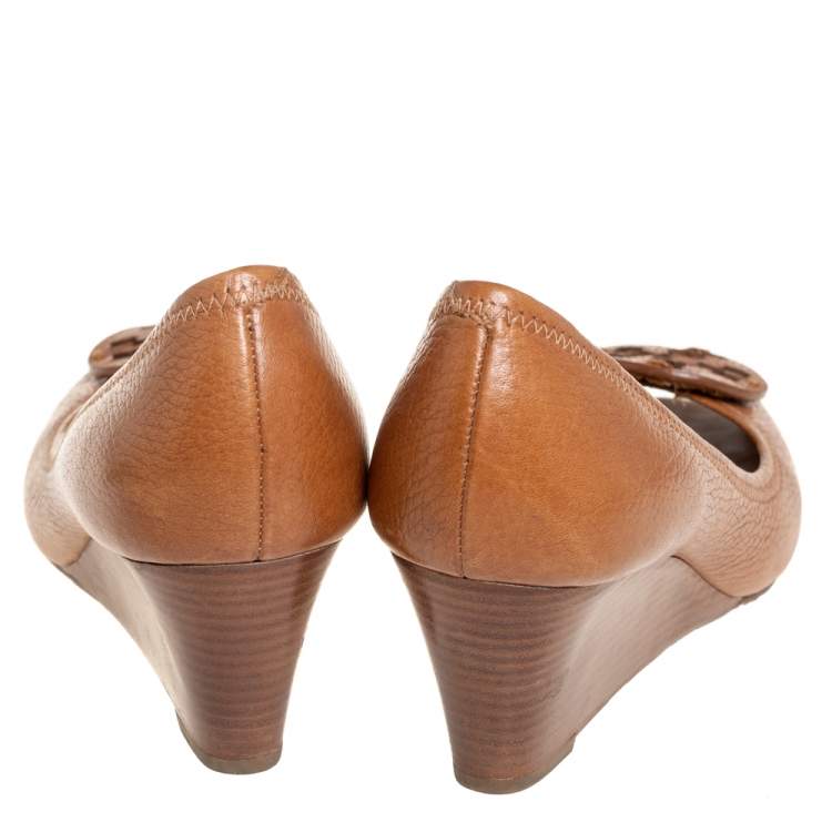 Pre Owned Tory Burch Tan Leather Sally Wedge Pumps Size 39.5