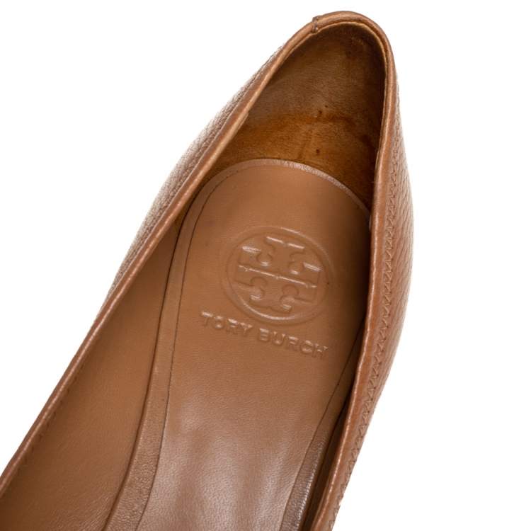 Pre Owned Tory Burch Tan Leather Sally Wedge Pumps Size 39.5
