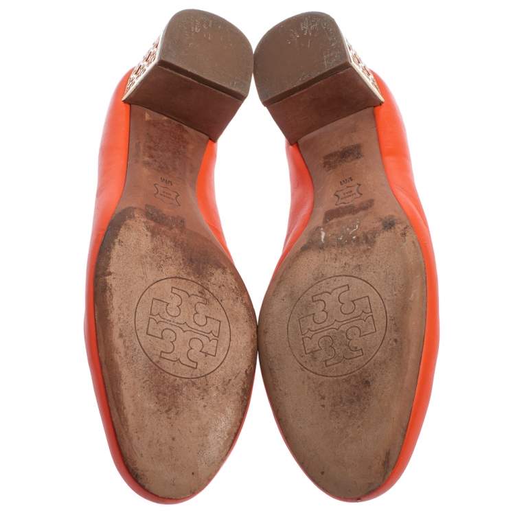Pre Owned Tory Burch Orange Leather Bow Detail Block Heel Pumps Size 39