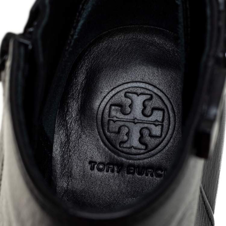 Pre Owned Tory Burch Black Leather Lowell Wedge Ankle Boots Size 37