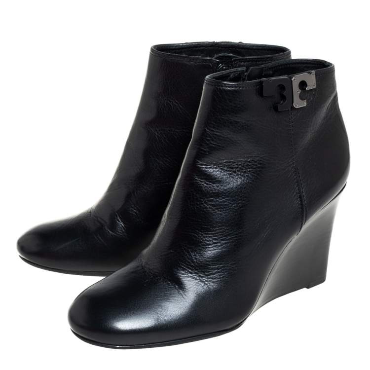 Pre Owned Tory Burch Black Leather Lowell Wedge Ankle Boots Size 37