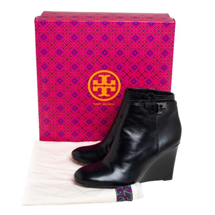 Pre Owned Tory Burch Black Leather Lowell Wedge Ankle Boots Size 37