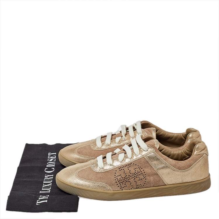 Pre Owned Tory Burch Beige/Gold Suede And Leather Perforated Logo Lace Up Sneakers Size 40