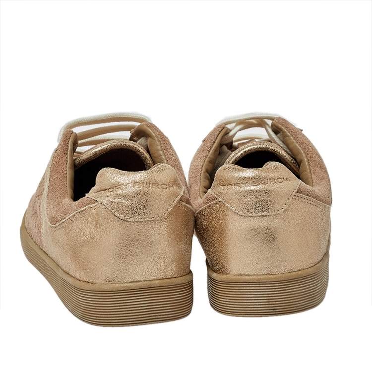 Pre Owned Tory Burch Beige/Gold Suede And Leather Perforated Logo Lace Up Sneakers Size 40