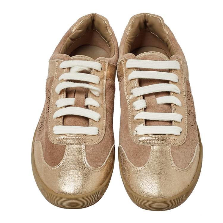 Pre Owned Tory Burch Beige/Gold Suede And Leather Perforated Logo Lace Up Sneakers Size 40