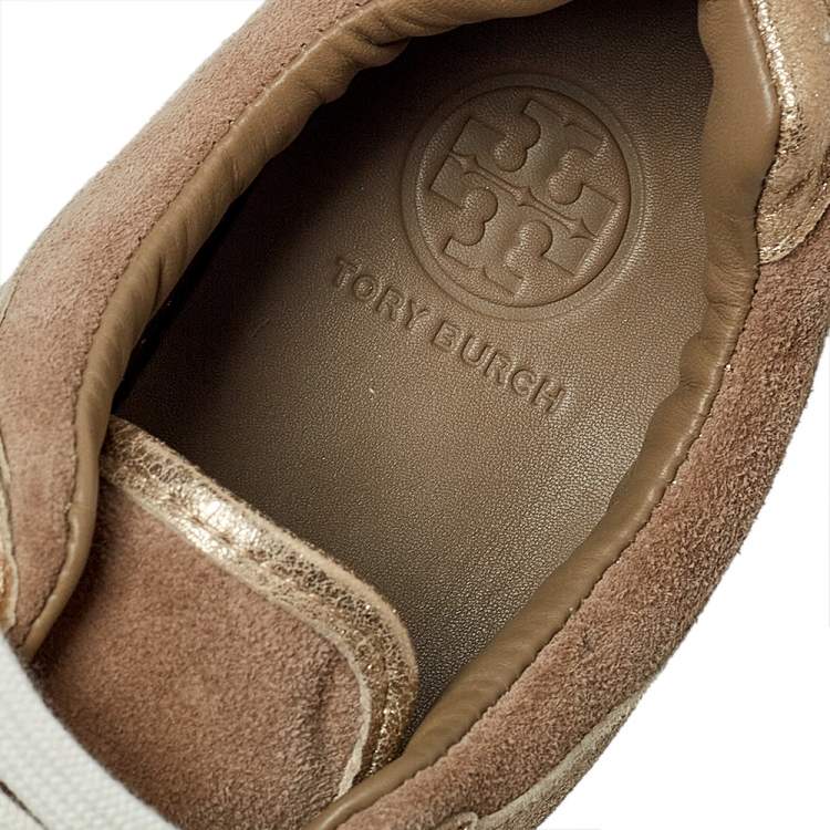 Pre Owned Tory Burch Beige/Gold Suede And Leather Perforated Logo Lace Up Sneakers Size 40