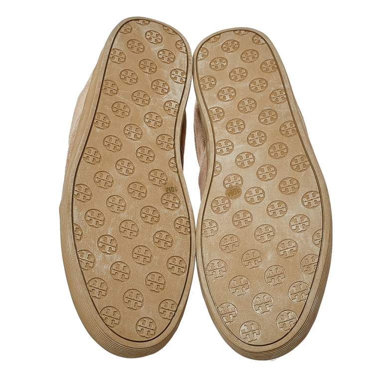 Pre Owned Tory Burch Beige/Gold Suede And Leather Perforated Logo Lace Up Sneakers Size 40