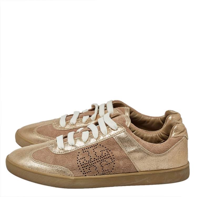 Pre Owned Tory Burch Beige/Gold Suede And Leather Perforated Logo Lace Up Sneakers Size 40