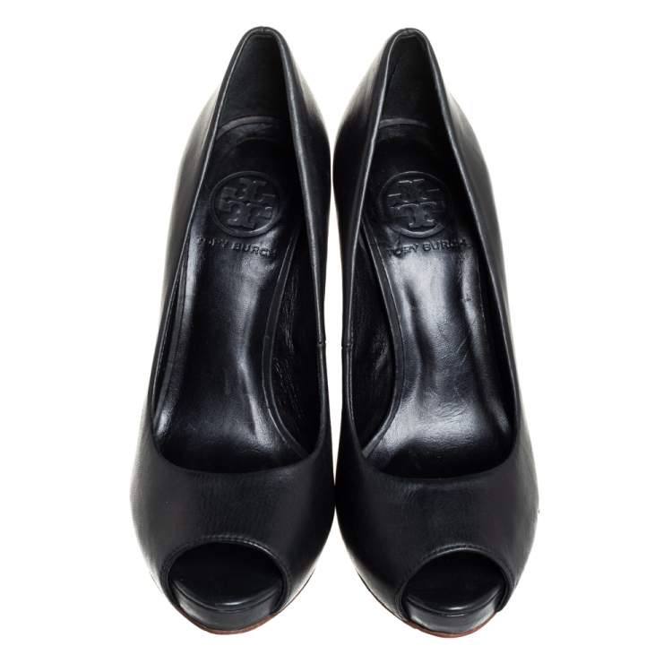 Pre Owned Tory Burch Black Leather Cantrelle Peep Toe Platform Pumps Size 37