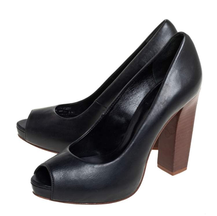 Pre Owned Tory Burch Black Leather Cantrelle Peep Toe Platform Pumps Size 37