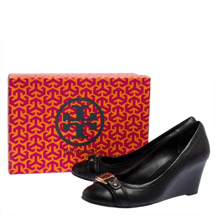 Pre Owned Tory Burch Black Leather Ambrose Logo Embellished Wedge Pumps Size 38