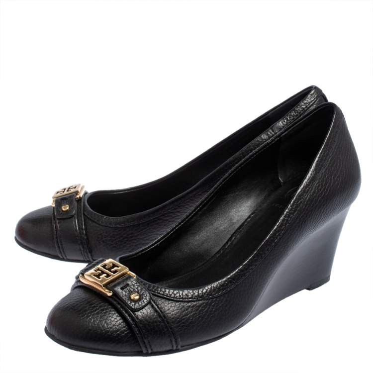Pre Owned Tory Burch Black Leather Ambrose Logo Embellished Wedge Pumps Size 38