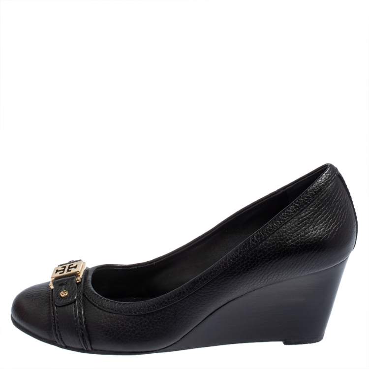 Pre Owned Tory Burch Black Leather Ambrose Logo Embellished Wedge Pumps Size 38