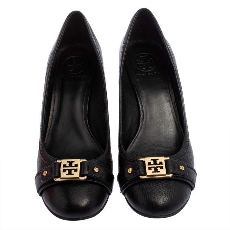 Pre Owned Tory Burch Black Leather Ambrose Logo Embellished Wedge Pumps Size 38