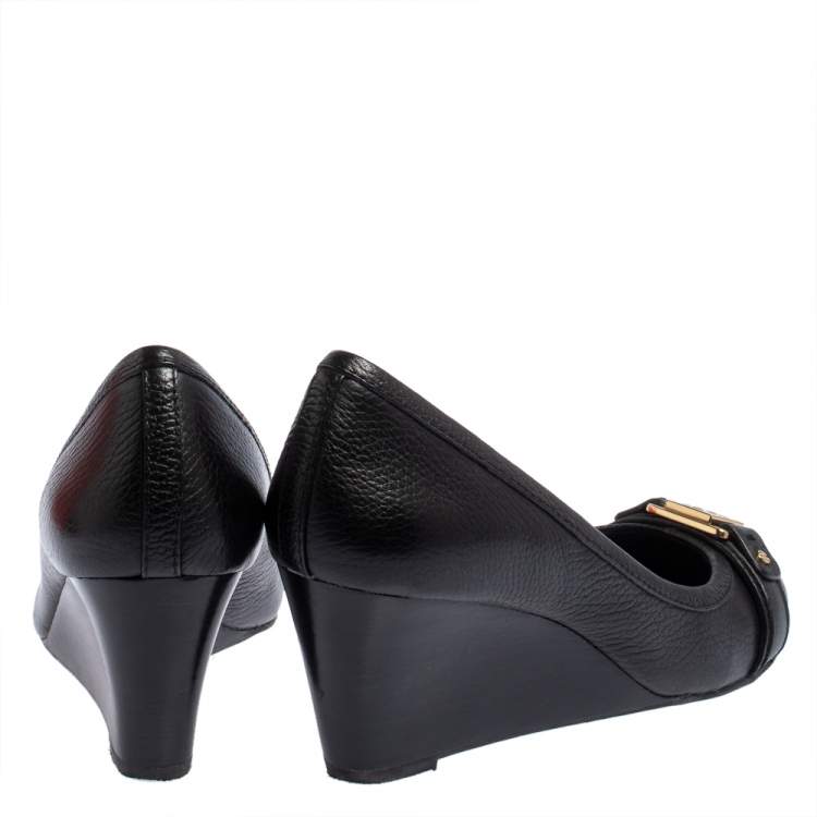 Pre Owned Tory Burch Black Leather Ambrose Logo Embellished Wedge Pumps Size 38