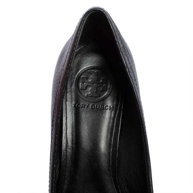 Pre Owned Tory Burch Black Leather Ambrose Logo Embellished Wedge Pumps Size 38