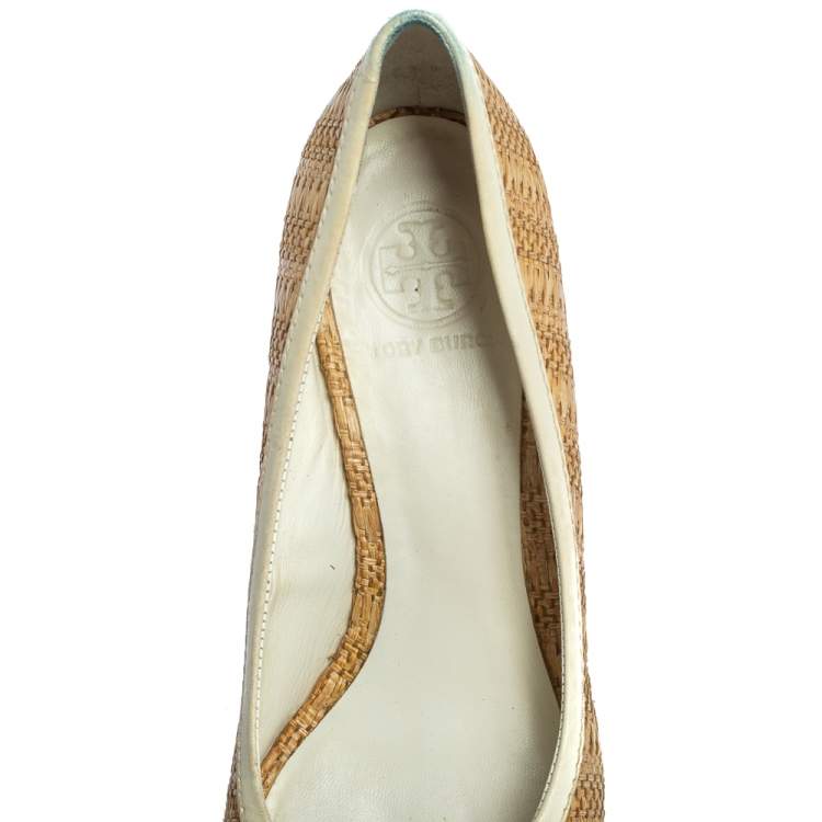 Pre Owned Tory Burch Beige/White Jute And Leather Wedge Pumps Size 38.5