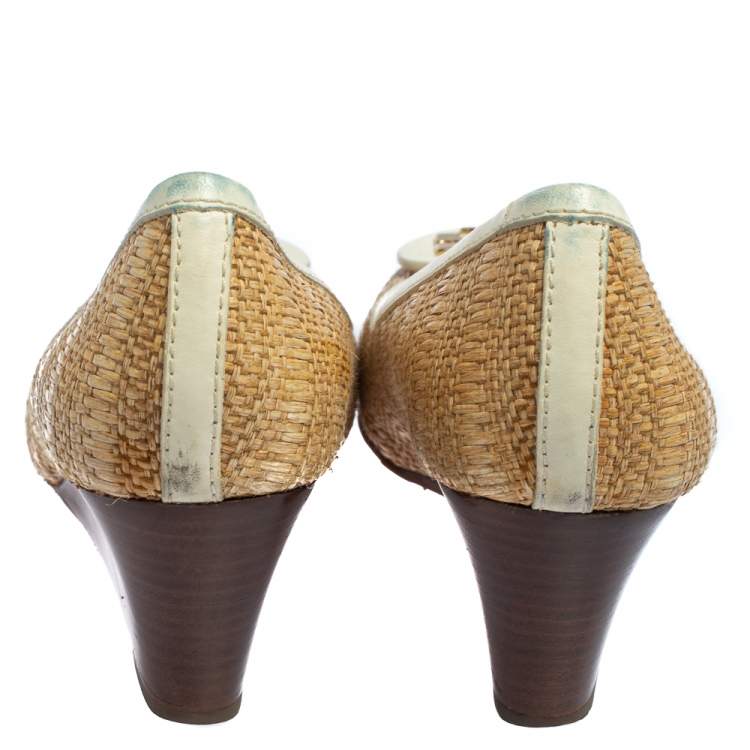 Pre Owned Tory Burch Beige/White Jute And Leather Wedge Pumps Size 38.5