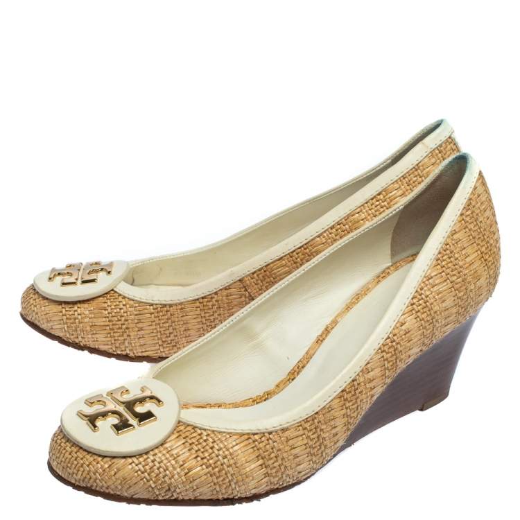 Pre Owned Tory Burch Beige/White Jute And Leather Wedge Pumps Size 38.5