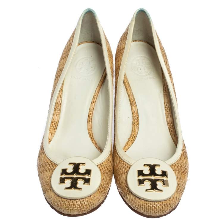 Pre Owned Tory Burch Beige/White Jute And Leather Wedge Pumps Size 38.5