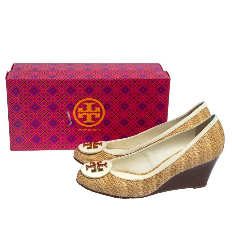 Pre Owned Tory Burch Beige/White Jute And Leather Wedge Pumps Size 38.5
