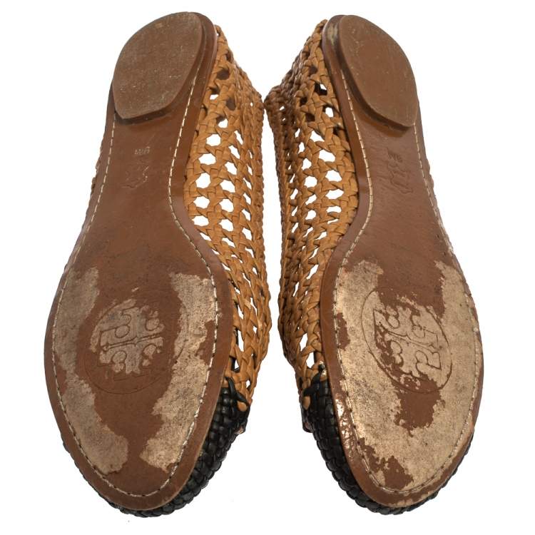 Pre Owned Tory Burch Beige/Black Woven Leather Bow Ballet Flats Size 39