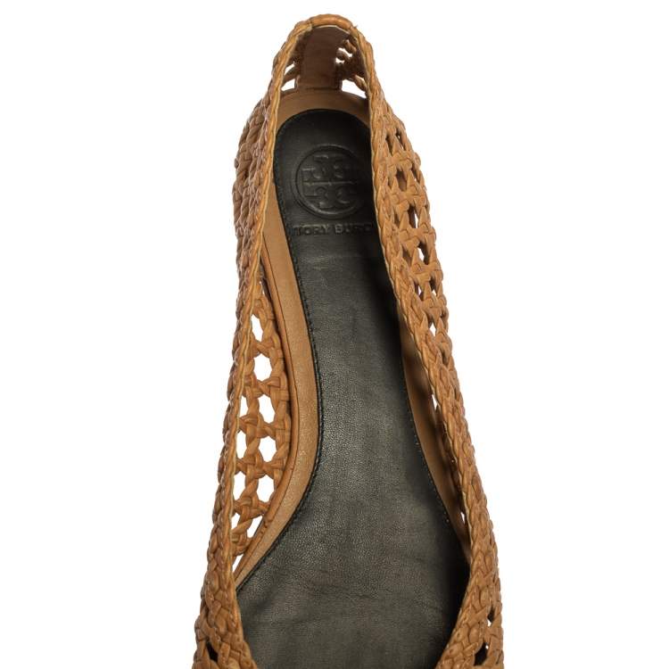 Pre Owned Tory Burch Beige/Black Woven Leather Bow Ballet Flats Size 39