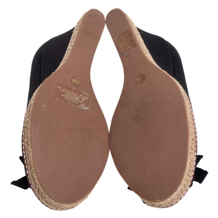 Pre Owned Tory Burch Black Canvas Jackie Espadrille Wedge Pumps Size 37.5