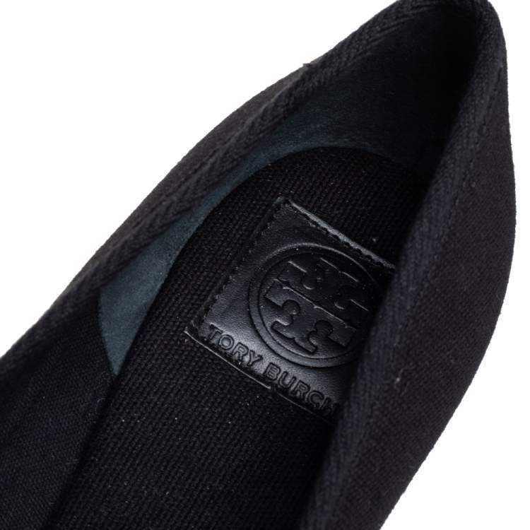 Pre Owned Tory Burch Black Canvas Jackie Espadrille Wedge Pumps Size 37.5