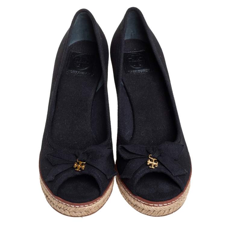 Pre Owned Tory Burch Black Canvas Jackie Espadrille Wedge Pumps Size 37.5