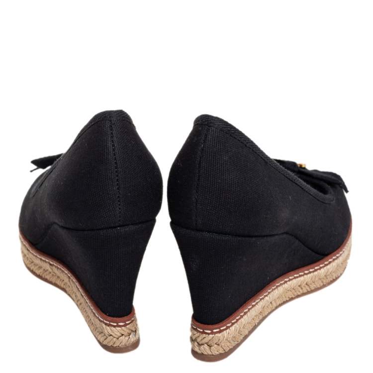 Pre Owned Tory Burch Black Canvas Jackie Espadrille Wedge Pumps Size 37.5