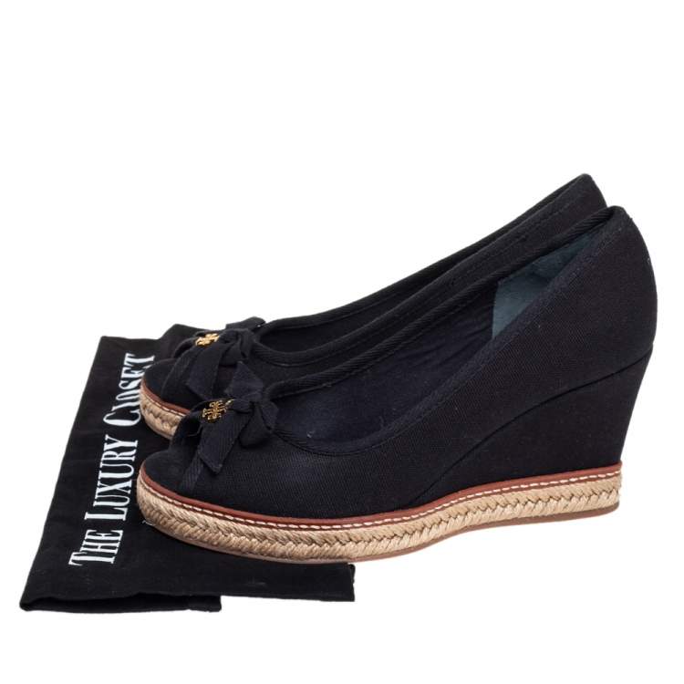 Pre Owned Tory Burch Black Canvas Jackie Espadrille Wedge Pumps Size 37.5