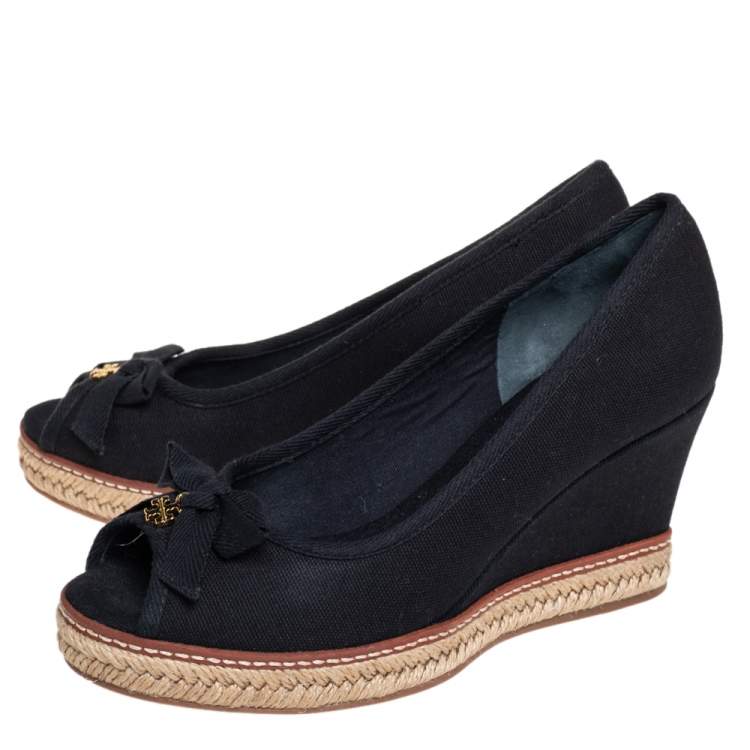 Pre Owned Tory Burch Black Canvas Jackie Espadrille Wedge Pumps Size 37.5
