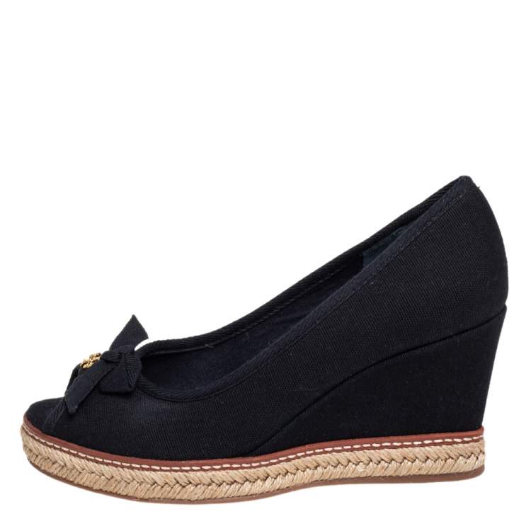 Pre Owned Tory Burch Black Canvas Jackie Espadrille Wedge Pumps Size 37.5