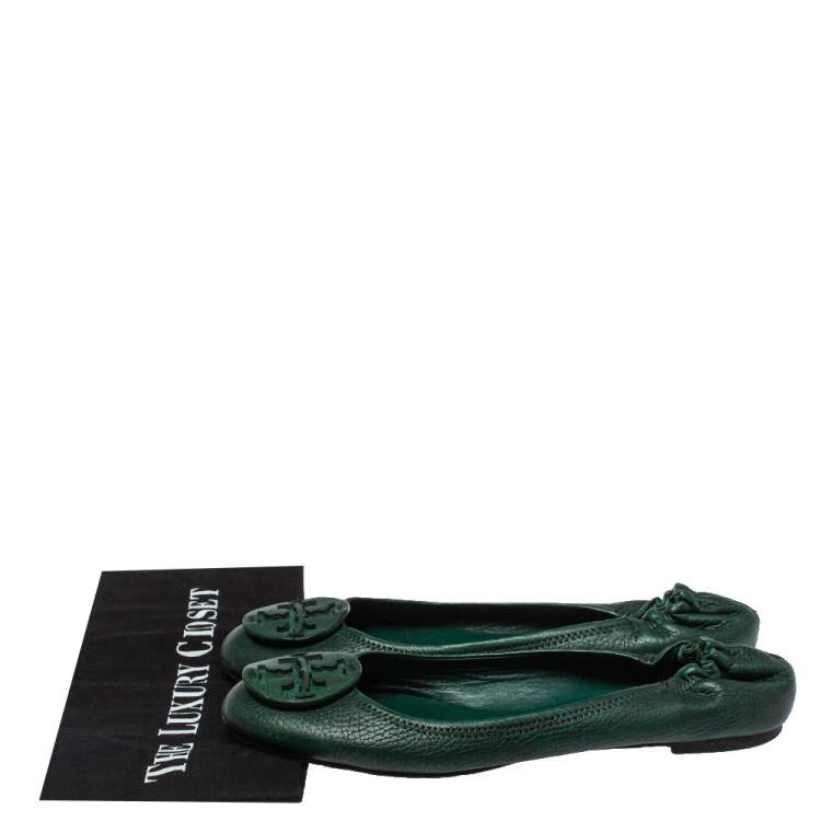 Pre Owned Tory Burch Green Leather Reva Scrunch Ballet Flats Size 39.5