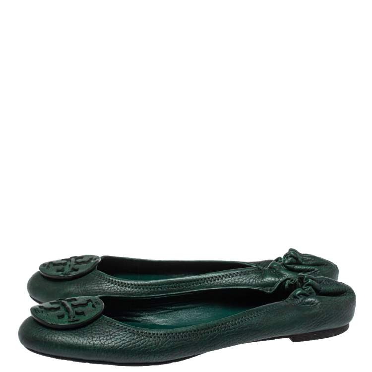 Pre Owned Tory Burch Green Leather Reva Scrunch Ballet Flats Size 39.5