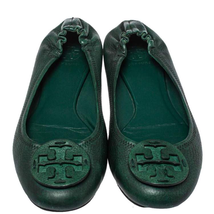 Pre Owned Tory Burch Green Leather Reva Scrunch Ballet Flats Size 39.5