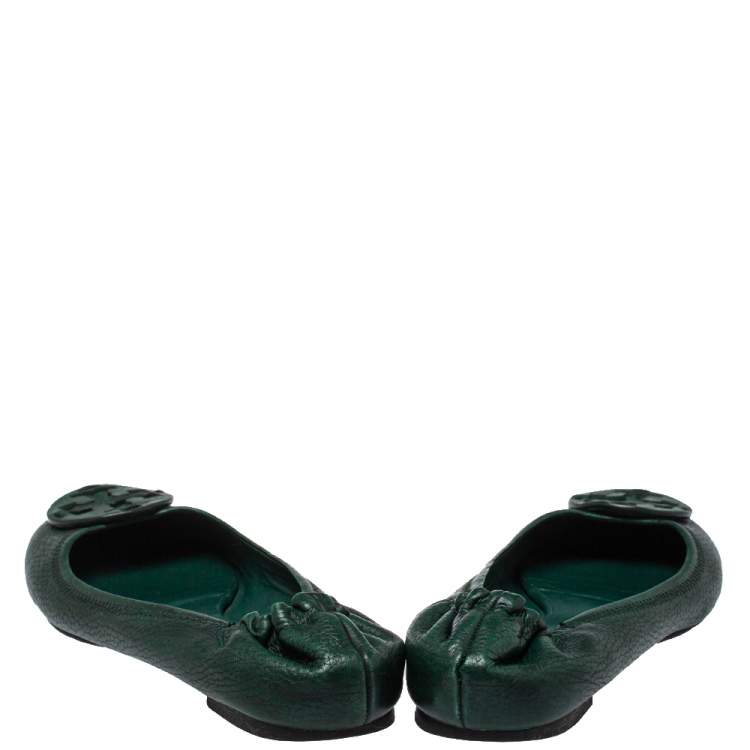 Pre Owned Tory Burch Green Leather Reva Scrunch Ballet Flats Size 39.5