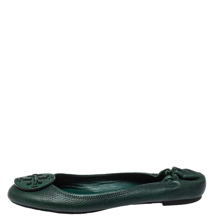 Pre Owned Tory Burch Green Leather Reva Scrunch Ballet Flats Size 39.5