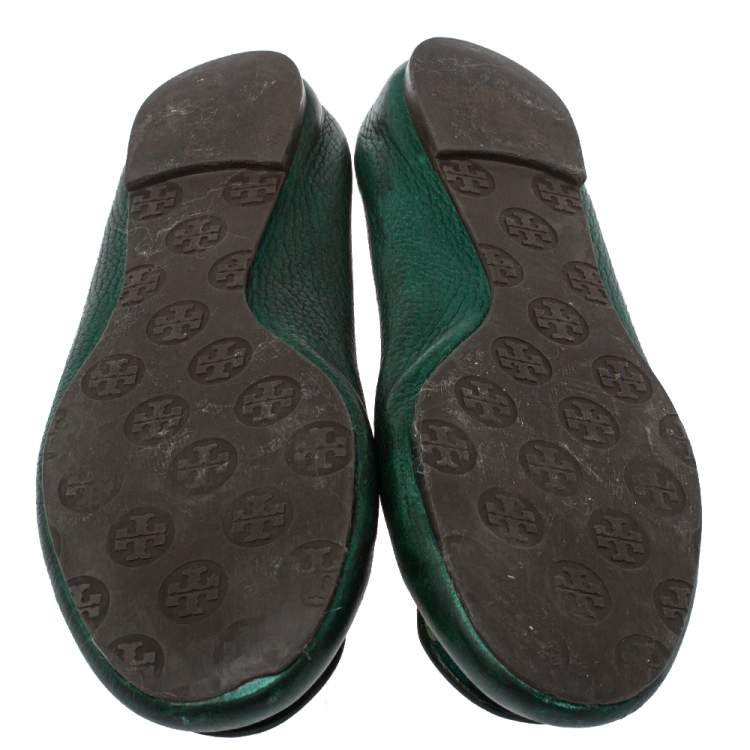 Pre Owned Tory Burch Green Leather Reva Scrunch Ballet Flats Size 39.5