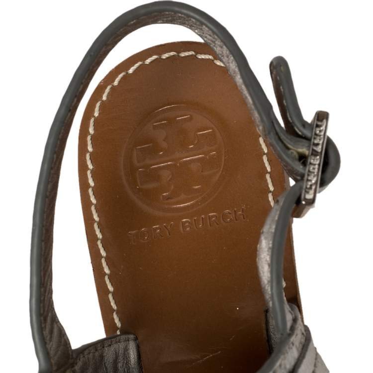 Pre Owned Tory Burch Metallic Silver Leather Thong Sandals Size 37