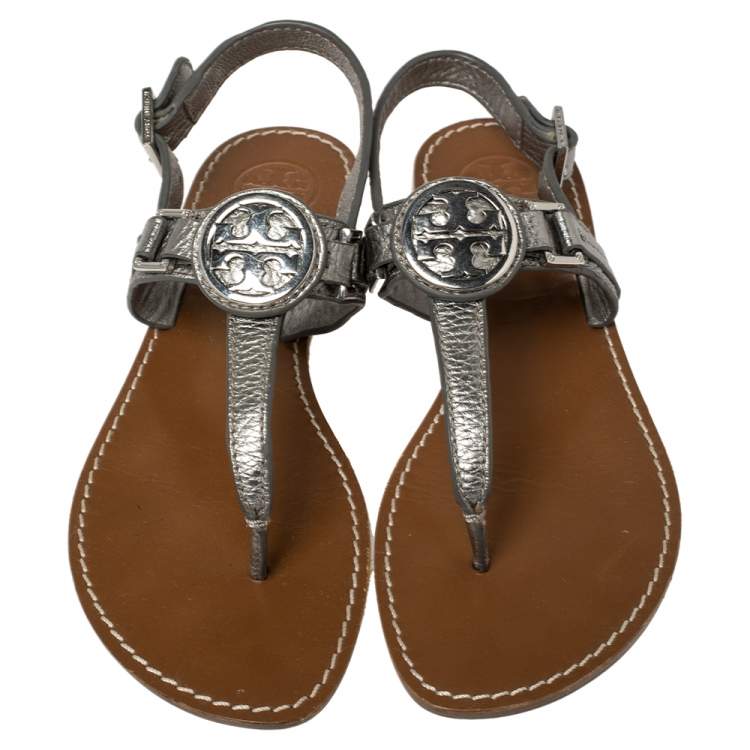 Pre Owned Tory Burch Metallic Silver Leather Thong Sandals Size 37