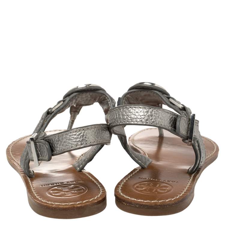 Pre Owned Tory Burch Metallic Silver Leather Thong Sandals Size 37