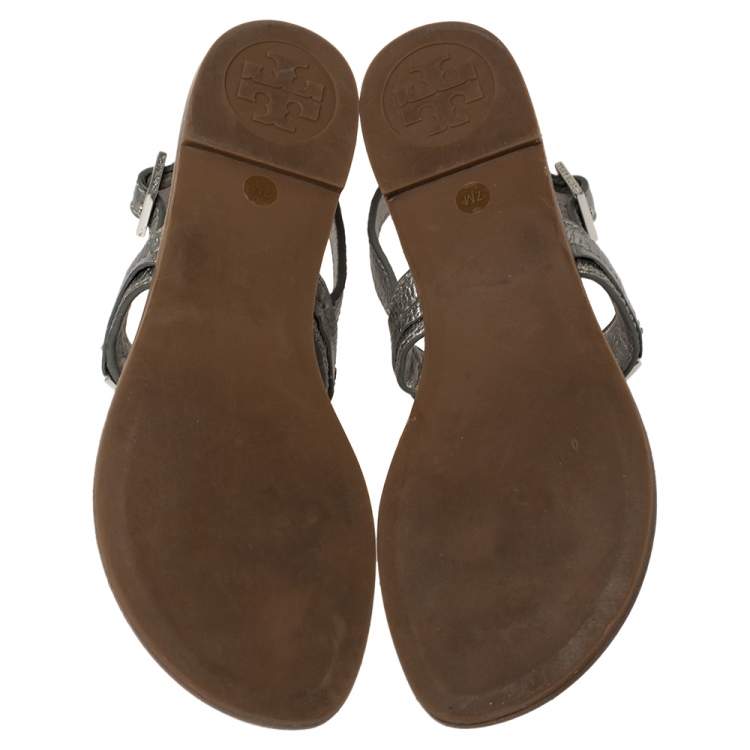 Pre Owned Tory Burch Metallic Silver Leather Thong Sandals Size 37
