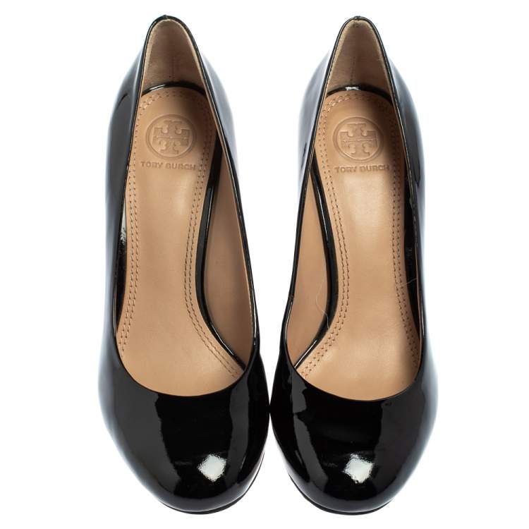 Pre Owned Tory Burch Black Patent Leather Wedge Pumps Size 36.5 