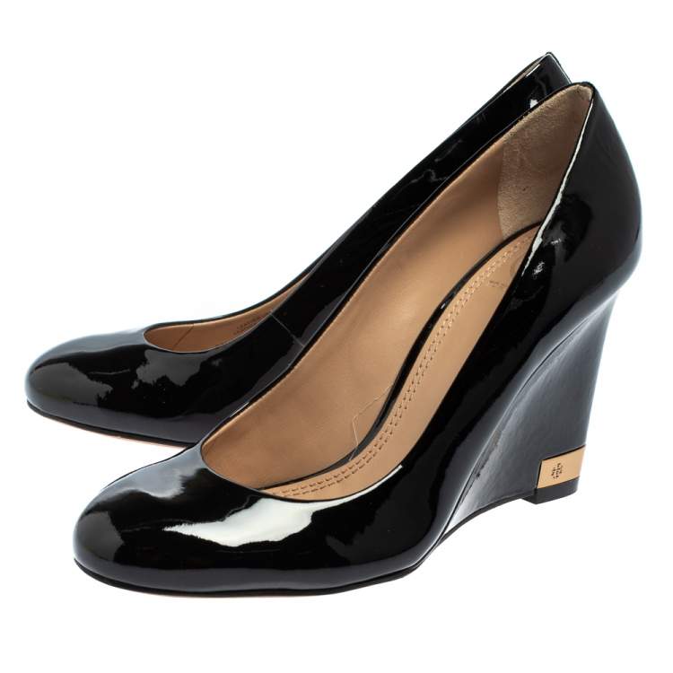 Pre Owned Tory Burch Black Patent Leather Wedge Pumps Size 36.5 