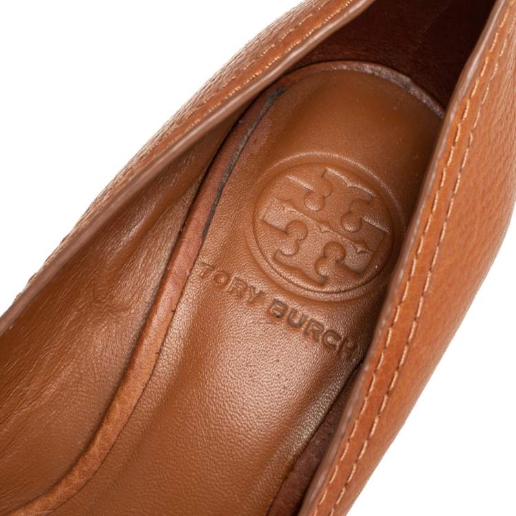 Pre Owned Tory Burch Tan Leather Leticia Peep Toe Wedge Pumps Size 35.5