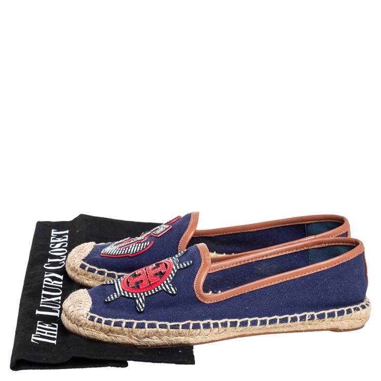 Pre Owned Tory Burch Navy Blue Canvas And Leather Espadrilles Flats Size 37.5