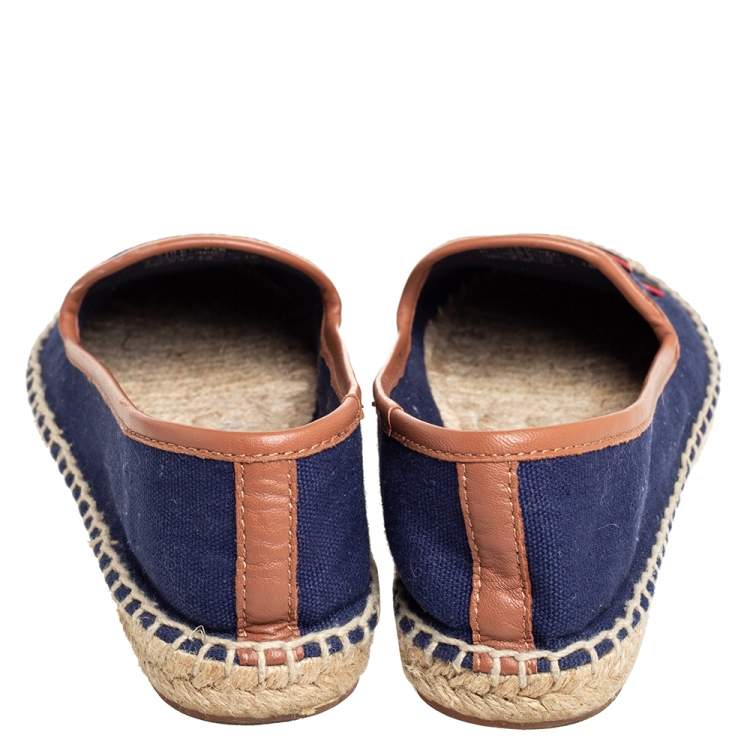 Pre Owned Tory Burch Navy Blue Canvas And Leather Espadrilles Flats Size 37.5