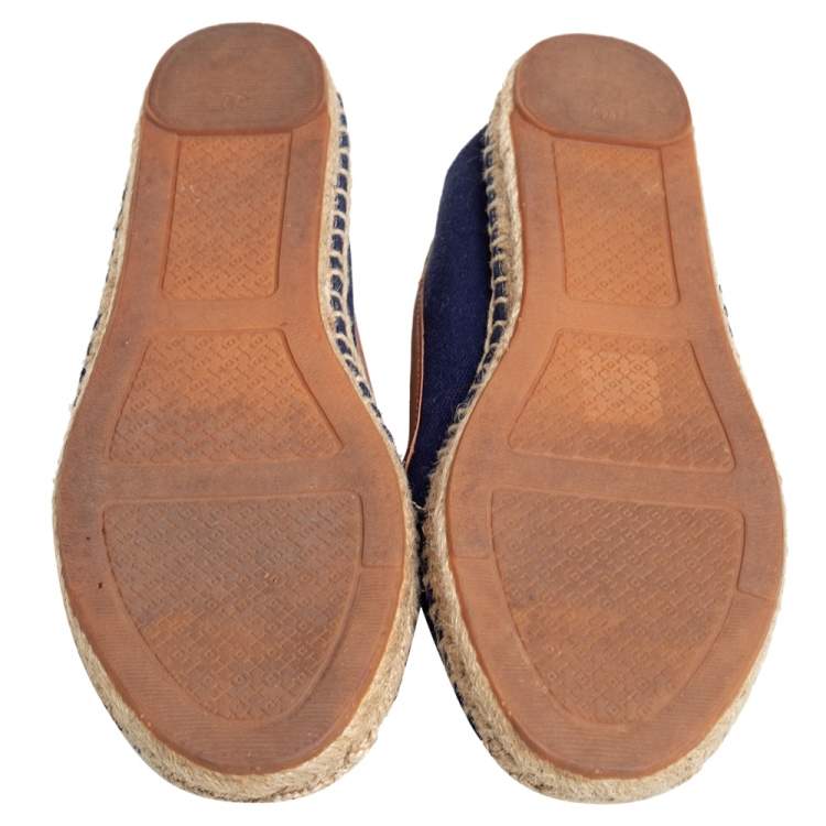 Pre Owned Tory Burch Navy Blue Canvas And Leather Espadrilles Flats Size 37.5